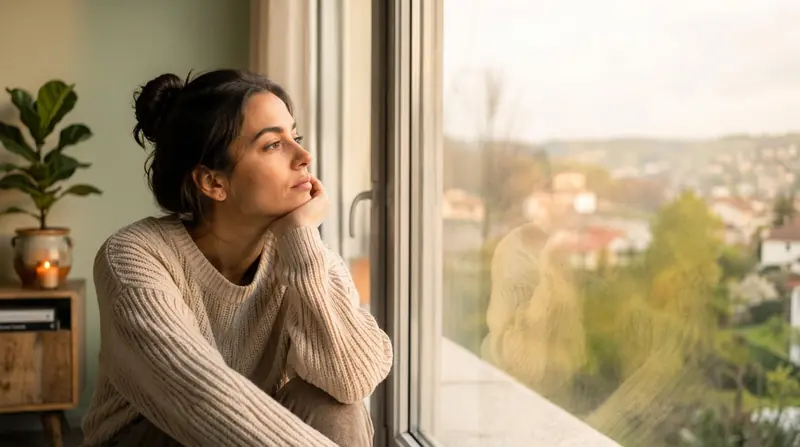 Mujer observando por la ventana en luz cálida, en un momento de introspección y calma — representando el proceso de sanación del trauma psicológico.